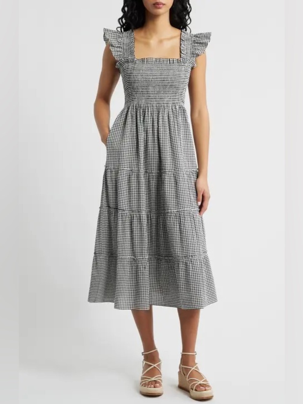 Hill House Gingham Smocked Midi Dress in Black and White